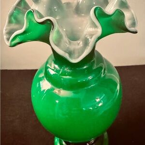 Fenton Ruffled Edge Ivy Green Overlay Glass Vase 9” Tall!